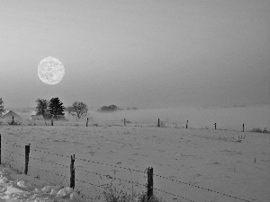 field, winter, Fog, moon, snow, twilight