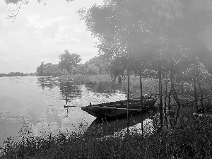 Fog, morning, River, woods, Boat