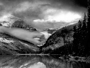Fog, lake, Mountains