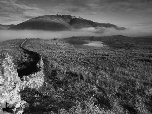 Fog, Mountains, Stones, field, ledge