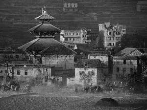 Nepal, Field, Fog, Houses