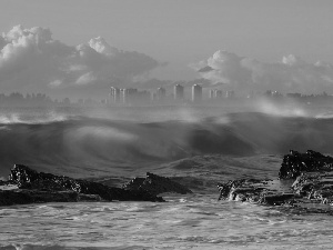 skyscrapers, Waves, clouds, rocks, Coast, Fog, panorama