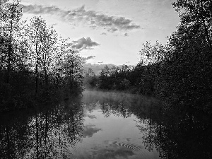 Fog, reflection, forest, River, clouds