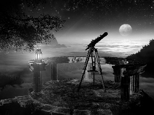point, observational, Night, telescope, moon, woods, Mountains, lantern