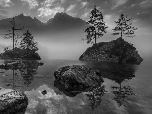 Stones, rocks, trees, Bavaria, viewes, Lake Hintersee, Islets, Germany, Fog, Alps Mountains