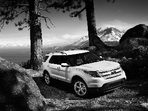 Mountains, Stones, White Ford 2011 Explorer, lake