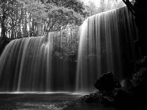 blue, Stones, forest, waterfall