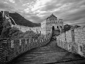 Chinese, large, forest, clouds, Mountains, wall