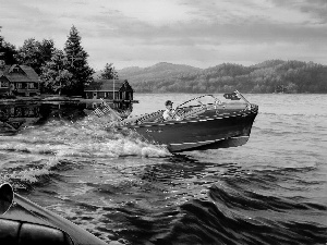 lake, house, forest, motorboat