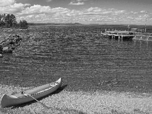 lake, Platform, forest, Boat