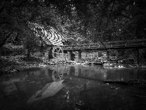 forest, River, Windmill, bridge, Old car