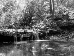 rocks, waterfall, forest, Przebijaj?ce, luminosity, autumn, sun, flash, ligh