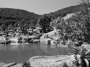 forested, Mountains, lake, rocks, waterfall