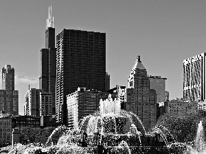 Chicago, clouds, fountain, skyscrapers