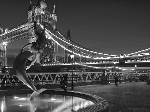 fountain, dolphin, bridge, Tower Bridge, England