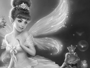 elf, fantasy, strange frog, insect, wings, girl