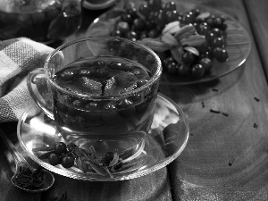 cup, tea-towel, fruit, cranberry, tea