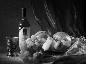 A glass, Wine, Fruits