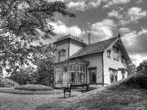 bench, manor-house, Garden