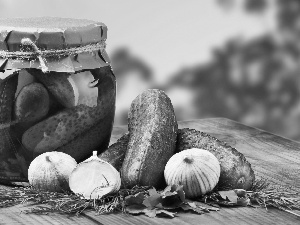 jar, cucumbers, garlic