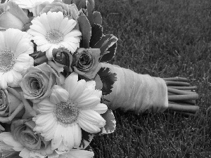 bouquet, roses, gerberas, flowers