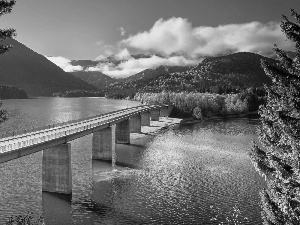 Mountains, lake, Germany, autumn, woods, bridge