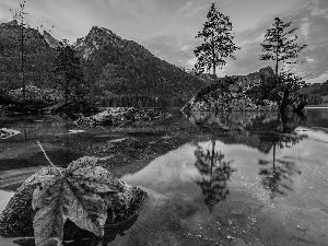 Alps, Mountains, Lake Hintersee, rocks, Bavaria, Germany, viewes, Great Sunsets, trees