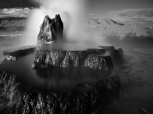 geyser, dawn, rocks, water, Mountains