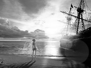 girl, Ship, west, sun, sea