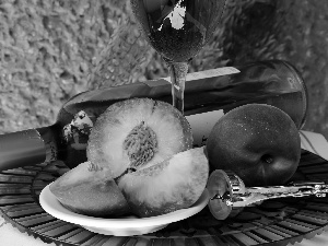 peaches, Bottle, glass, Wine