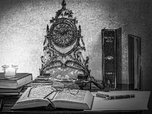 Books, composition, pen, candle, Glasses, Clock