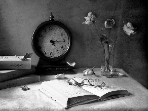 Clock, Books, Glasses, roses