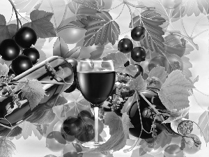 Leaf, Wine, composition, glasses, Bottle, currants, 2D