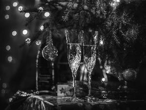 christmas tree, Champagne, glasses