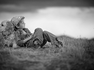 Golden Retriever, Meadow, boy, dog, Kid