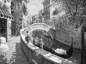 Houses, canal, gondola, bridge