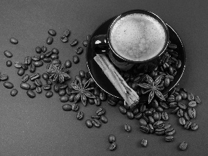 coffee, cup, cinnamon, plate, Brown, grains, Stars