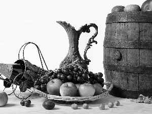 Grapes, apples, Bottle, Wines, barrel