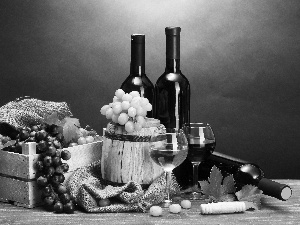 barrel, Wine, Grapes, Bottles