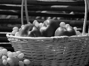 basket, nectarines, Grapes, wicker