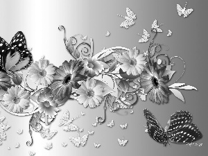 gerberas, White, graphics, Computer, butterflies, Red