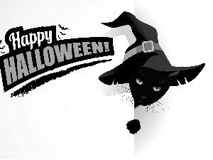 Hat, cat, Happy Halloween, Black, halloween, text, graphics