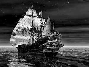 sailing vessel, Night, graphics, sea