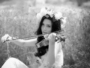 girl, Meadow, grass, violin