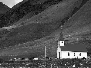 grass, Church, Mountains