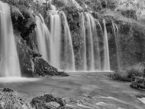 mountains, waterfall, grass, Plants, Stones, rocks