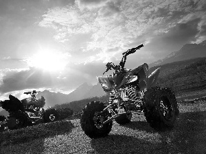 grass, Sky, Quady, boulders, Two cars