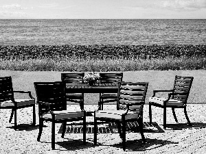 Table, sea, grass, Stool