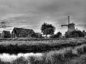 Windmill, brook, grass, Houses