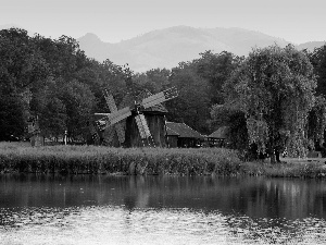 grass, Windmills, trees, viewes, River